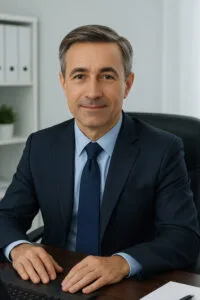 Dr. Markus Vogel, Haarpflege-Experte von HairRenewalGuide.com, in seinem Arbeitszimmer