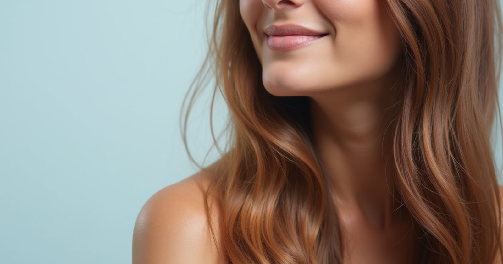 Junge Frau mit vollem, gesundem Haar lächelt – ein positives Ergebnis im Umgang mit Haarausfall
