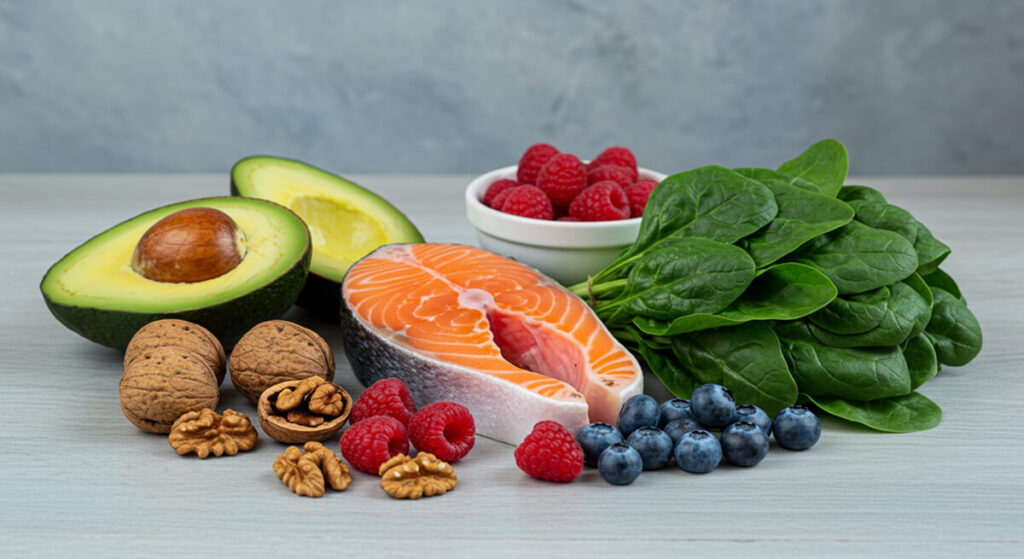 Gesunde Lebensmittel wie Lachs, Avocado und Beeren zur Vorbeugung von Haarausfall