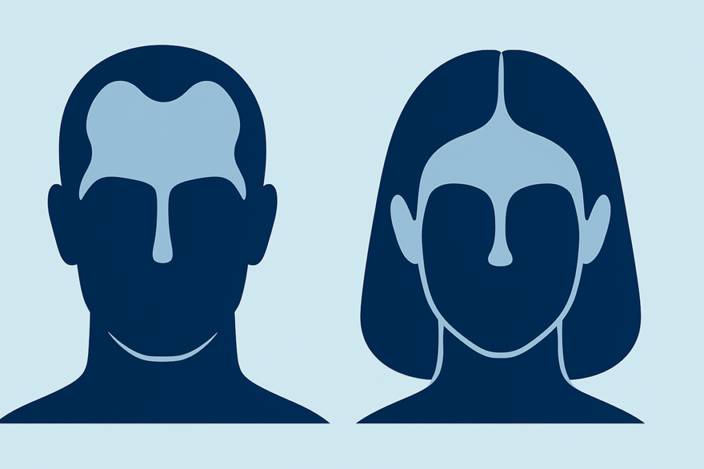 Vergleich der typischen Haarausfall-Muster bei Männern (Geheimratsecken) und Frauen (diffuser Haarausfall am Scheitel)