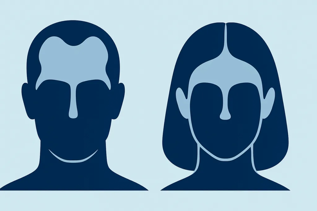 Vergleich der typischen Haarausfall-Muster bei Männern (Geheimratsecken) und Frauen (diffuser Haarausfall am Scheitel)