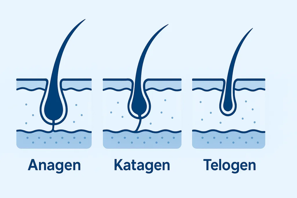 Illustration des natürlichen Haarzyklus: Anagen-, Katagen- und Telogenphase des Haarwachstums