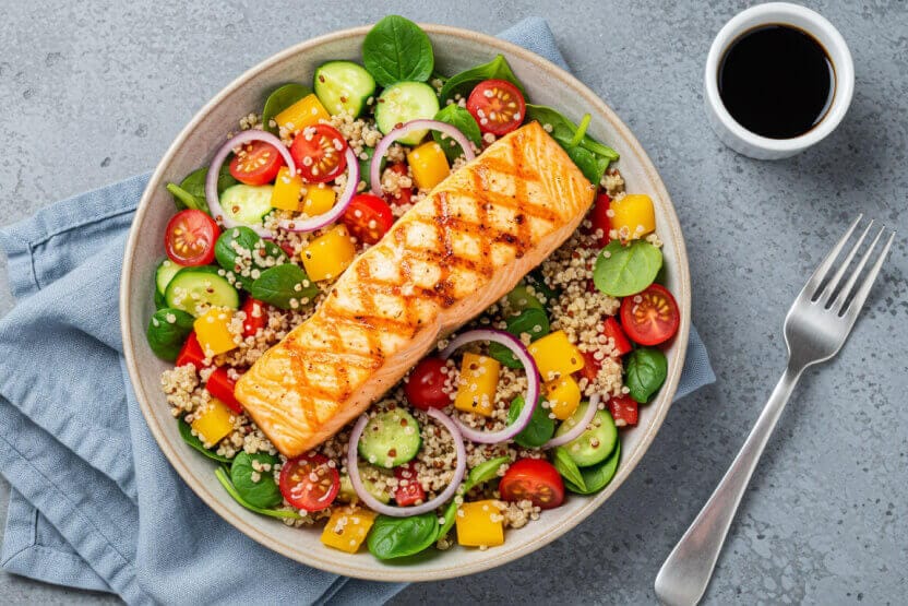 Gesundes Mittagessen gegen Haarausfall: Gegrillter Lachs auf Quinoa-Salat.