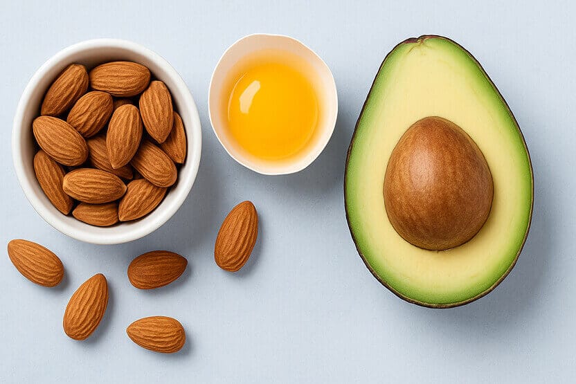 Biotinreiche Lebensmittel liefern wichtige Vitamine gegen Haarausfall: Mandeln, Eigelb und Avocado.