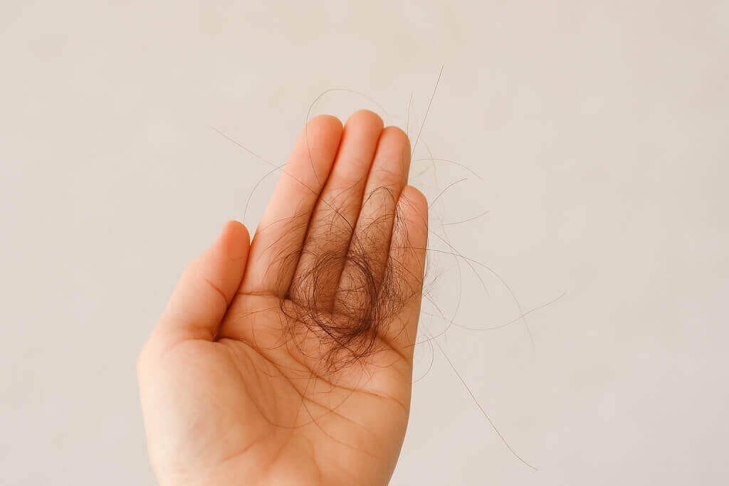 Hand hält ausgefallene Haare – typisches Anzeichen für diffusen Haarausfall bei Telogenem Effluvium.