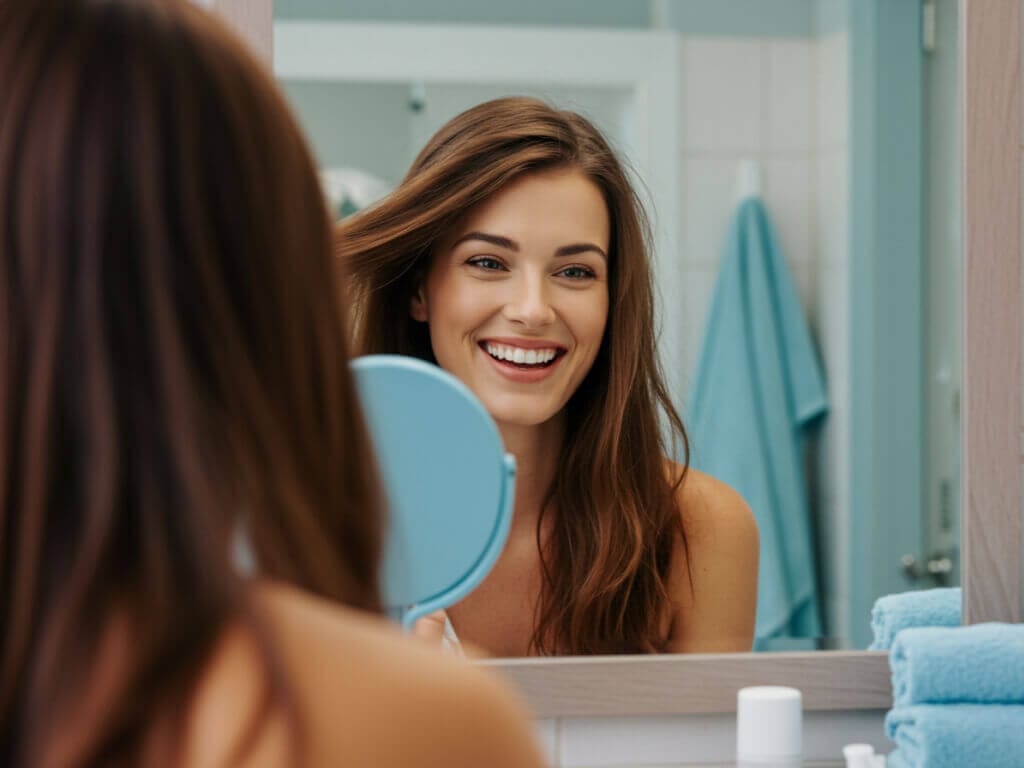 Zufriedene Frau mit gesundem Haar blickt in den Spiegel – positives Ergebnis durch ein Shampoo gegen Haarausfall.
