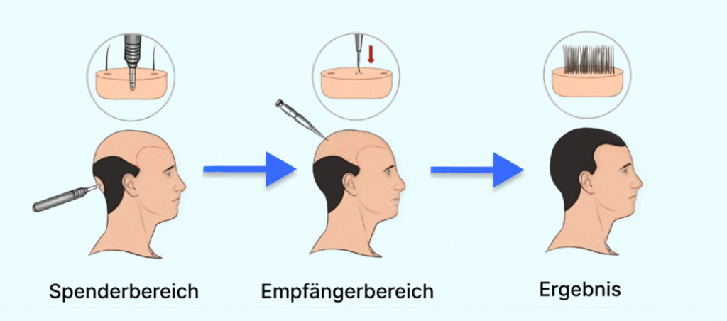 Schematische Darstellung des Ablaufs einer Haartransplantation bei Männern: Entnahme im Spenderbereich, Einsetzen im Empfängerbereich und das Endergebnis.
