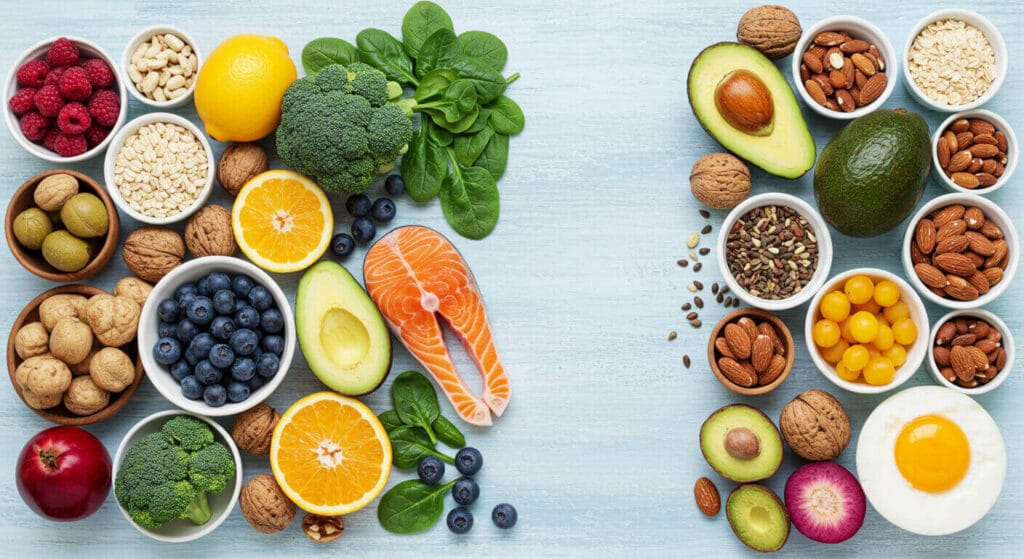 Wichtige Vitamine gegen Haarausfall aus Lebensmitteln: Obst, Gemüse, Fisch und Nüsse für gesunde Ernährung.