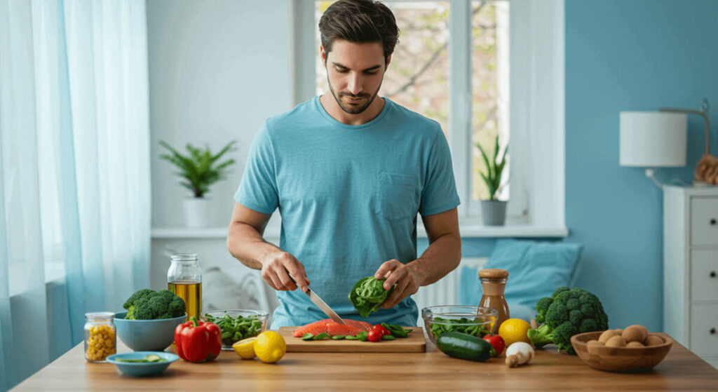 Mann mittleren Alters kocht eine gesunde Mahlzeit mit viel Gemüse und Lachs als Teil eines Lebensstils zur Vorbeugung von Haarausfall.