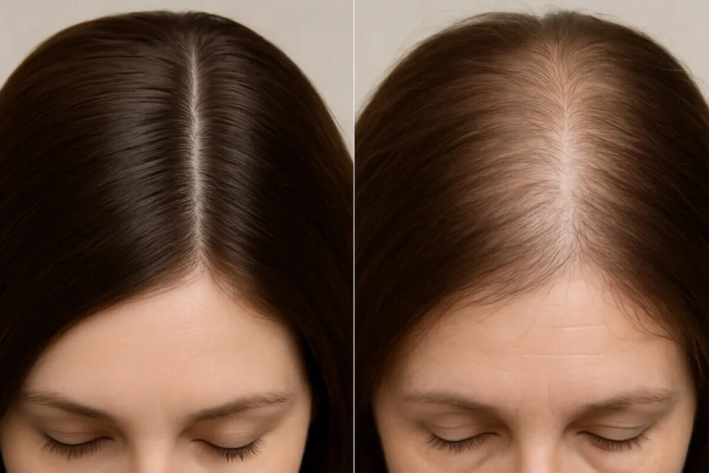 Visueller Vergleich zwischen gesundem, vollem Frauenhaar und Haar, das von diffusem Haarausfall betroffen ist, mit sichtbarer Ausdünnung am Scheitel.
