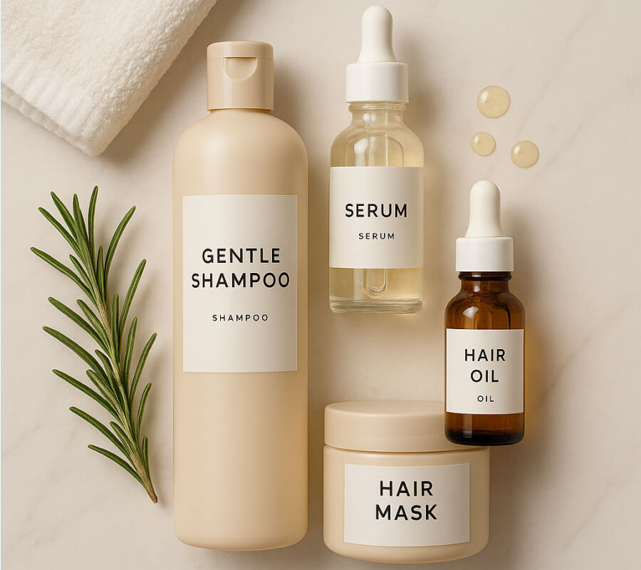 Auswahl verschiedener Haarpflegeprodukte wie Shampoo, Serum und Ăl, die zur Behandlung von Haarausfall bei Frauen eingesetzt werden können, arrangiert mit natĂŒrlichen Elementen.