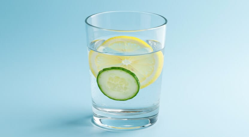 Ein Glas Wasser mit Zitrone und Gurke symbolisiert wichtige Hydratation für gesundes Haar.