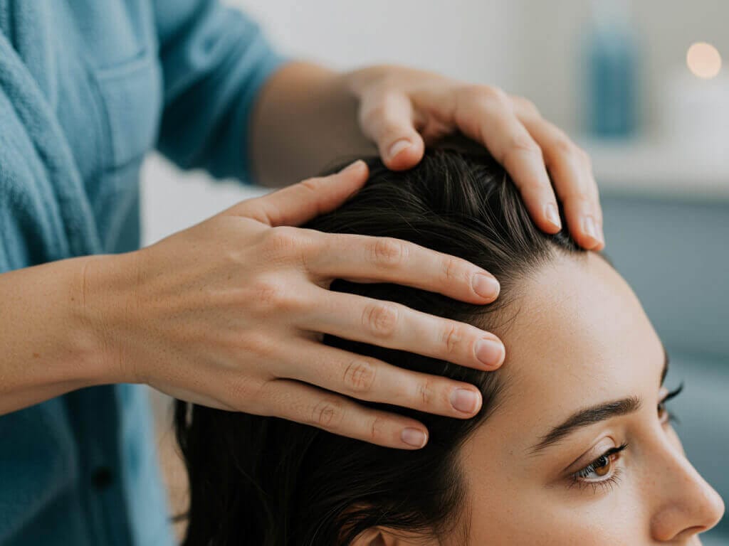 Wohltuende Kopfhautmassage zur Förderung der Durchblutung und als wissenschaftlich unterstütztes Hausmittel gegen Haarausfall.