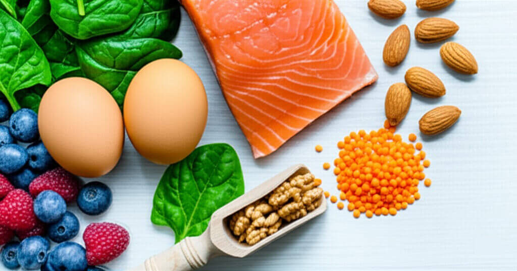 Arrangement von nĂ€hrstoffreichen Lebensmitteln wie Spinat, Lachs, NĂŒssen und Eiern, die bei Haarausfall Frauen helfen können, die Haargesundheit zu verbessern.