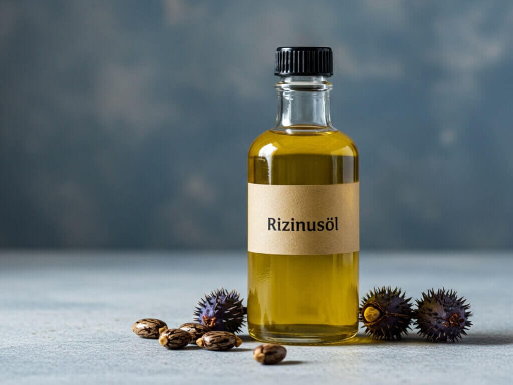 Rizinusöl Flasche mit Samen des Wunderbaums als traditionelles Hausmittel gegen Haarausfall.