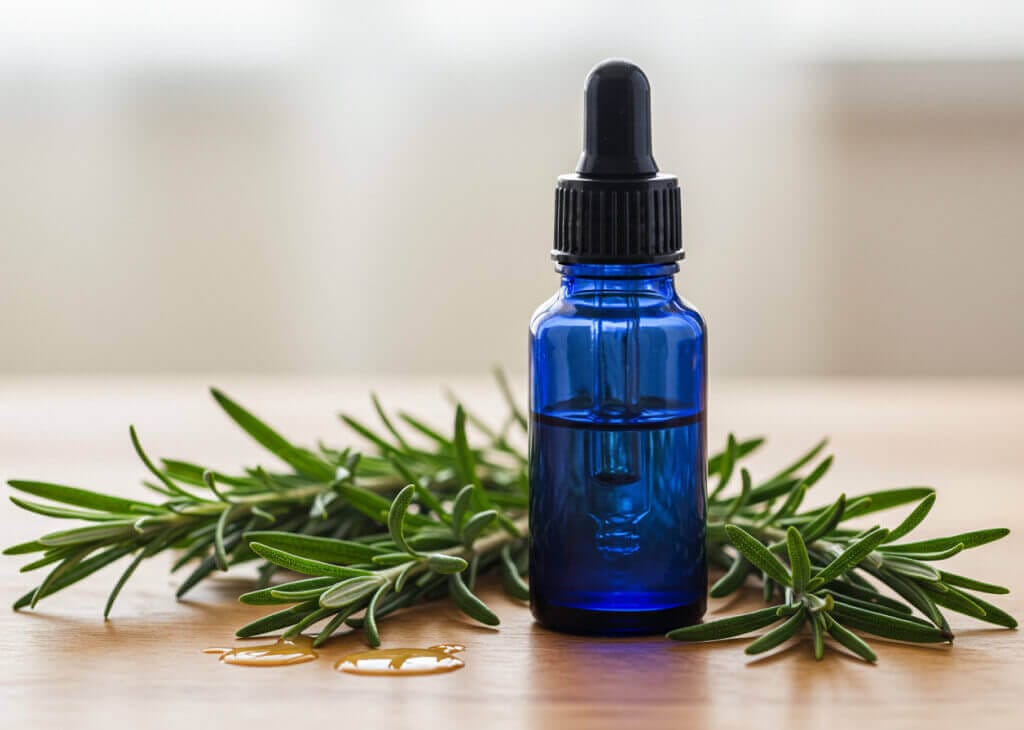 Ätherisches Rosmarinöl in einer blauen Flasche mit frischen Rosmarinzweigen, ein wissenschaftlich untersuchtes Hausmittel gegen Haarausfall.