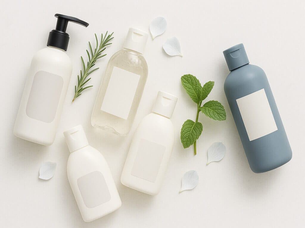 Auswahl verschiedener moderner Shampooflaschen als Symbol für Shampoos gegen Haarausfall, dekoriert mit natürlichen Kräutern.