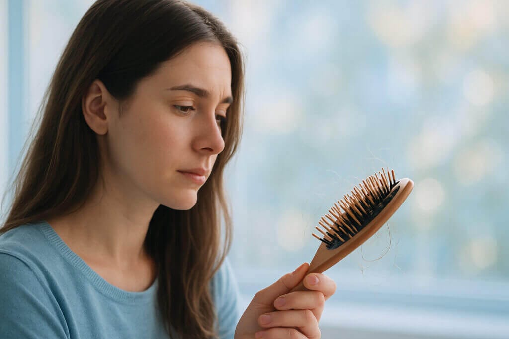 Frau betrachtet nachdenklich Haare in ihrer Bürste – ein mögliches Symptom für Telogenes Effluvium.