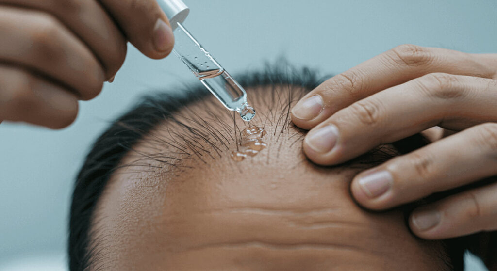 Nahaufnahme der Anwendung einer topischen Lösung mit einer Pipette auf die Kopfhaut eines Mannes zur Behandlung von Haarausfall.
