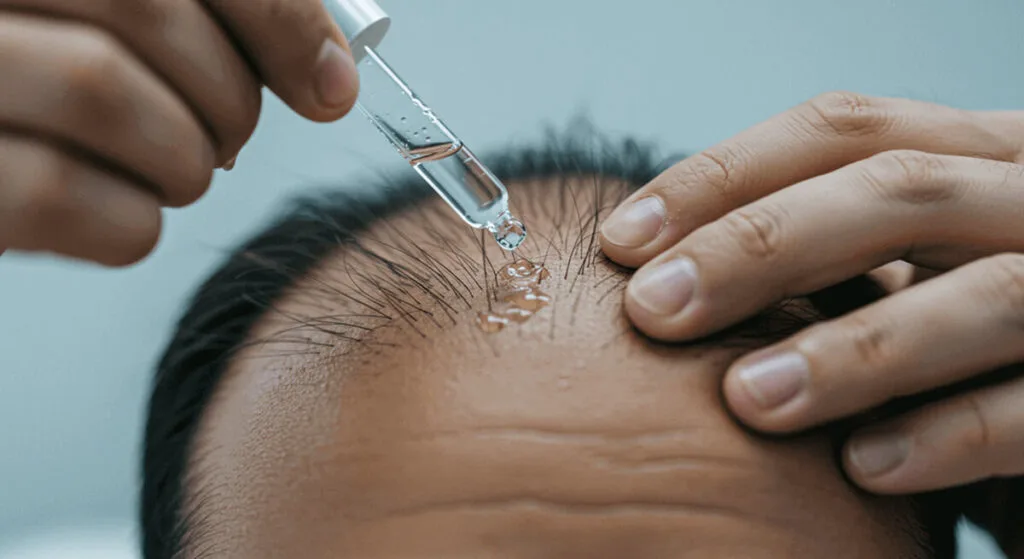 Nahaufnahme der Anwendung einer topischen Lösung mit einer Pipette auf die Kopfhaut eines Mannes zur Behandlung von Haarausfall.