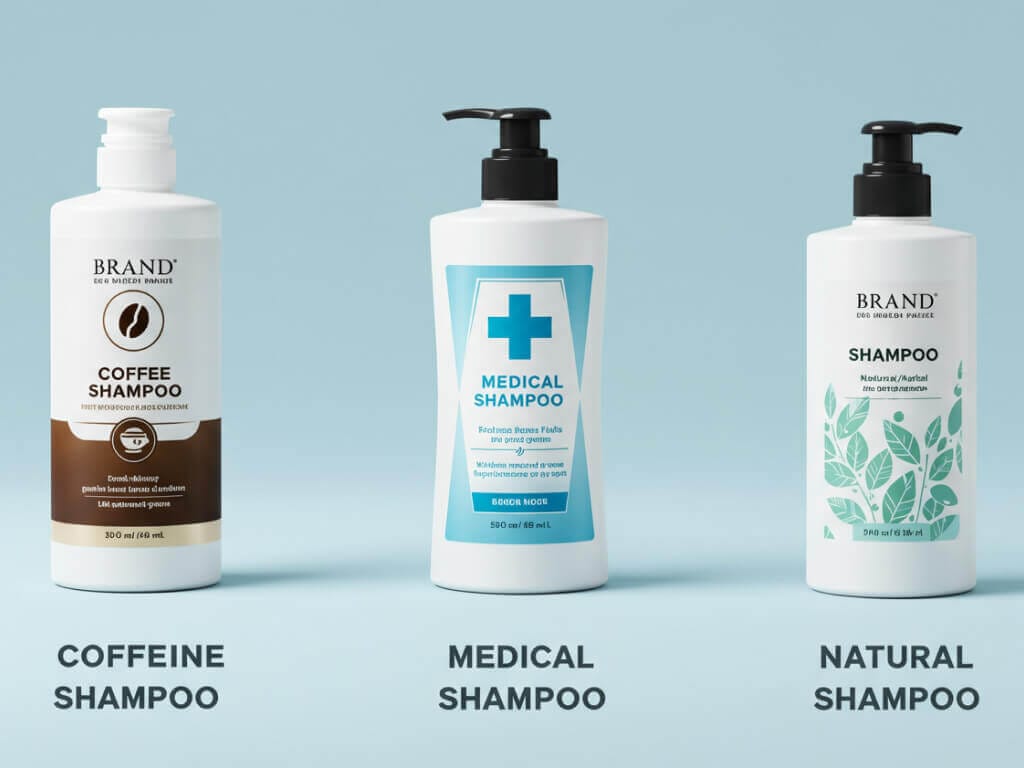Vergleich verschiedener Typen von Shampoos gegen Haarausfall: Koffein Shampoo, Medizinisches Shampoo und Naturkosmetik Shampoo.
