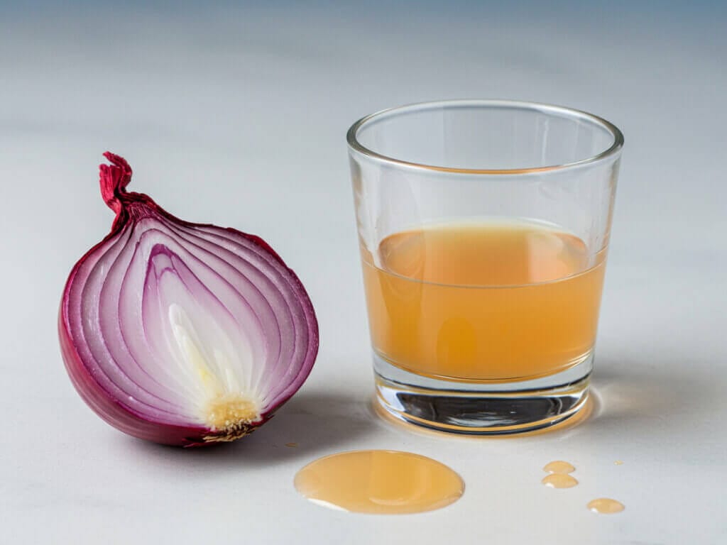 Frischer Zwiebelsaft und eine halbierte rote Zwiebel als Hausmittel gegen bestimmte Formen von Haarausfall wie Alopecia areata.